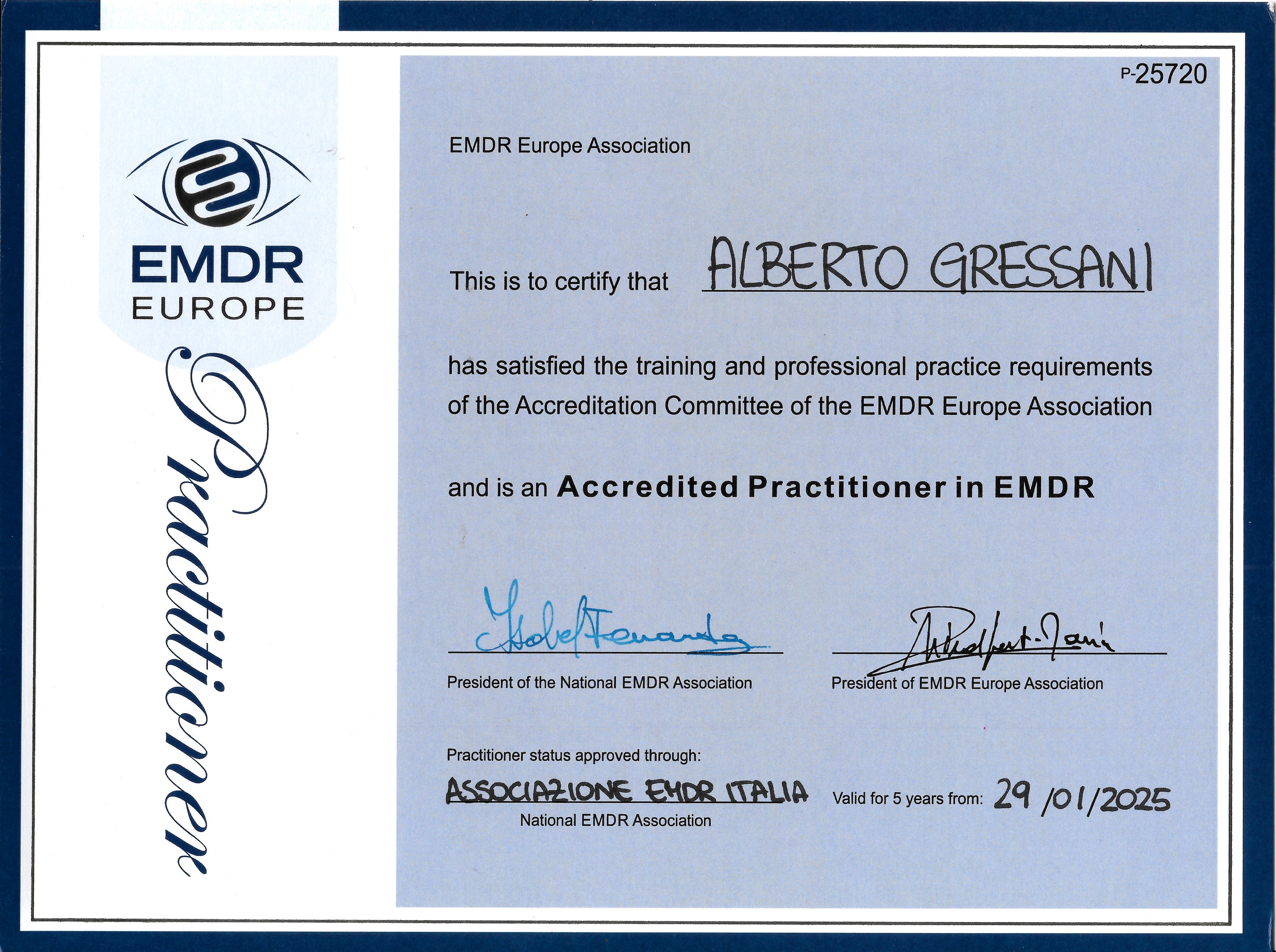 Certificato EMDR Alberto Gressani